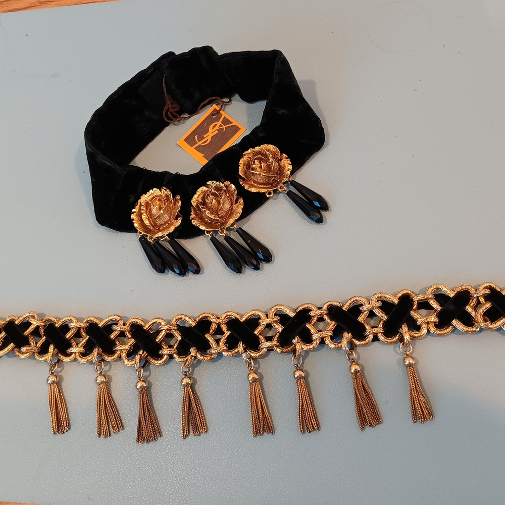 2 Yves Saint Laurent Black and Gold Velvet Choker Necklace Vintage